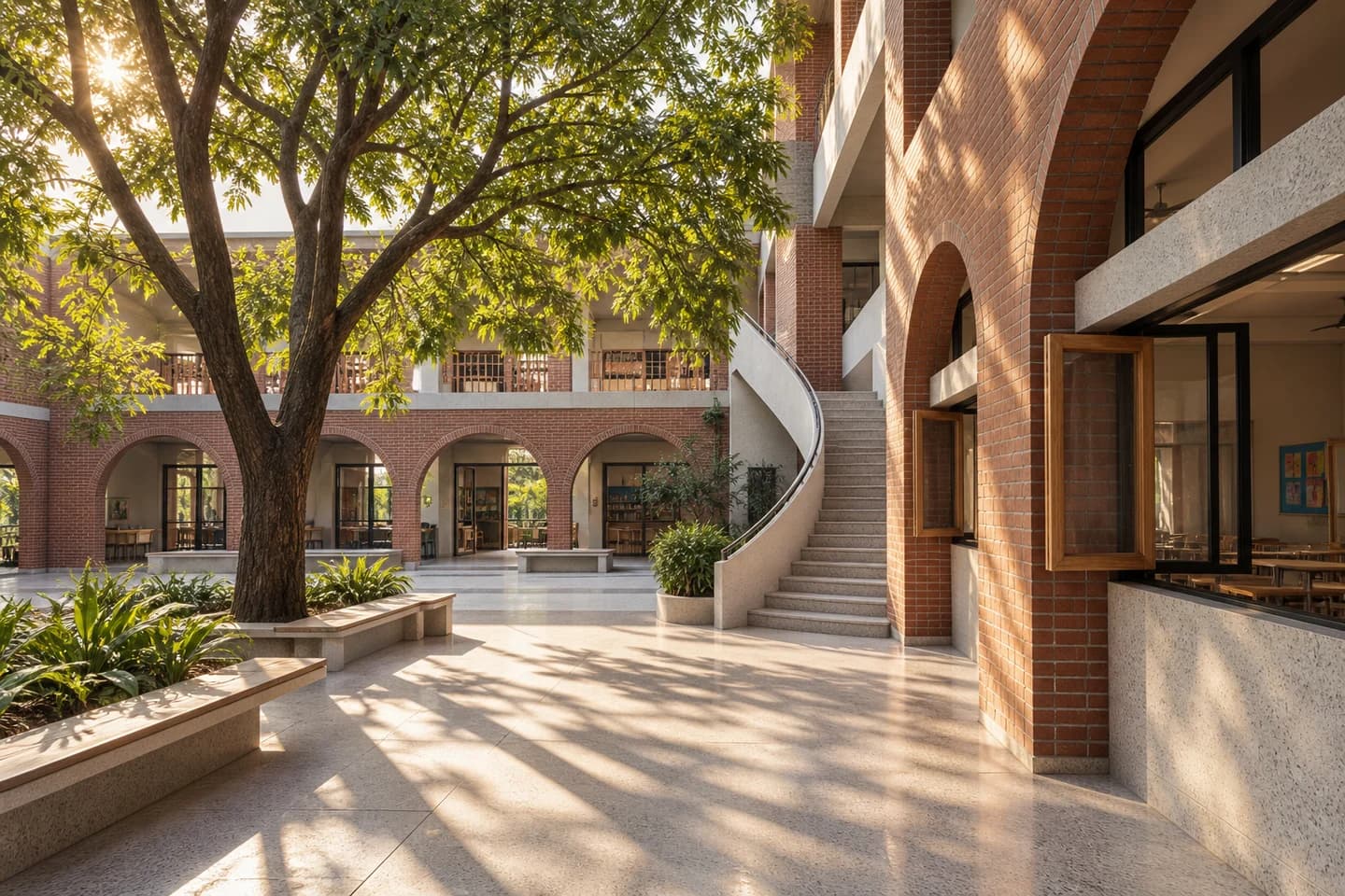 An illustrated school setting: a leafy, sunlit red-brick courtyard.