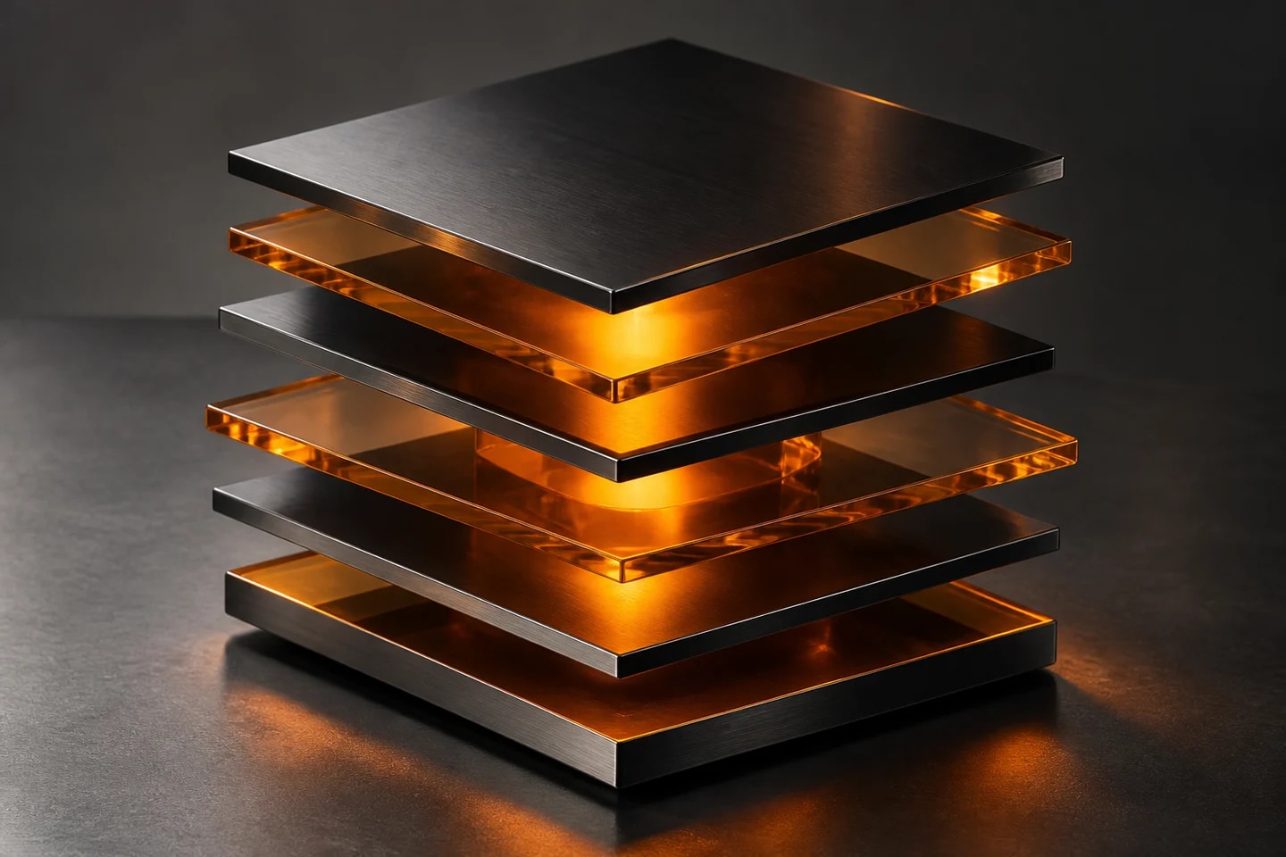 Layers of amber glass and titanium, a sculptural study of connected systems.
